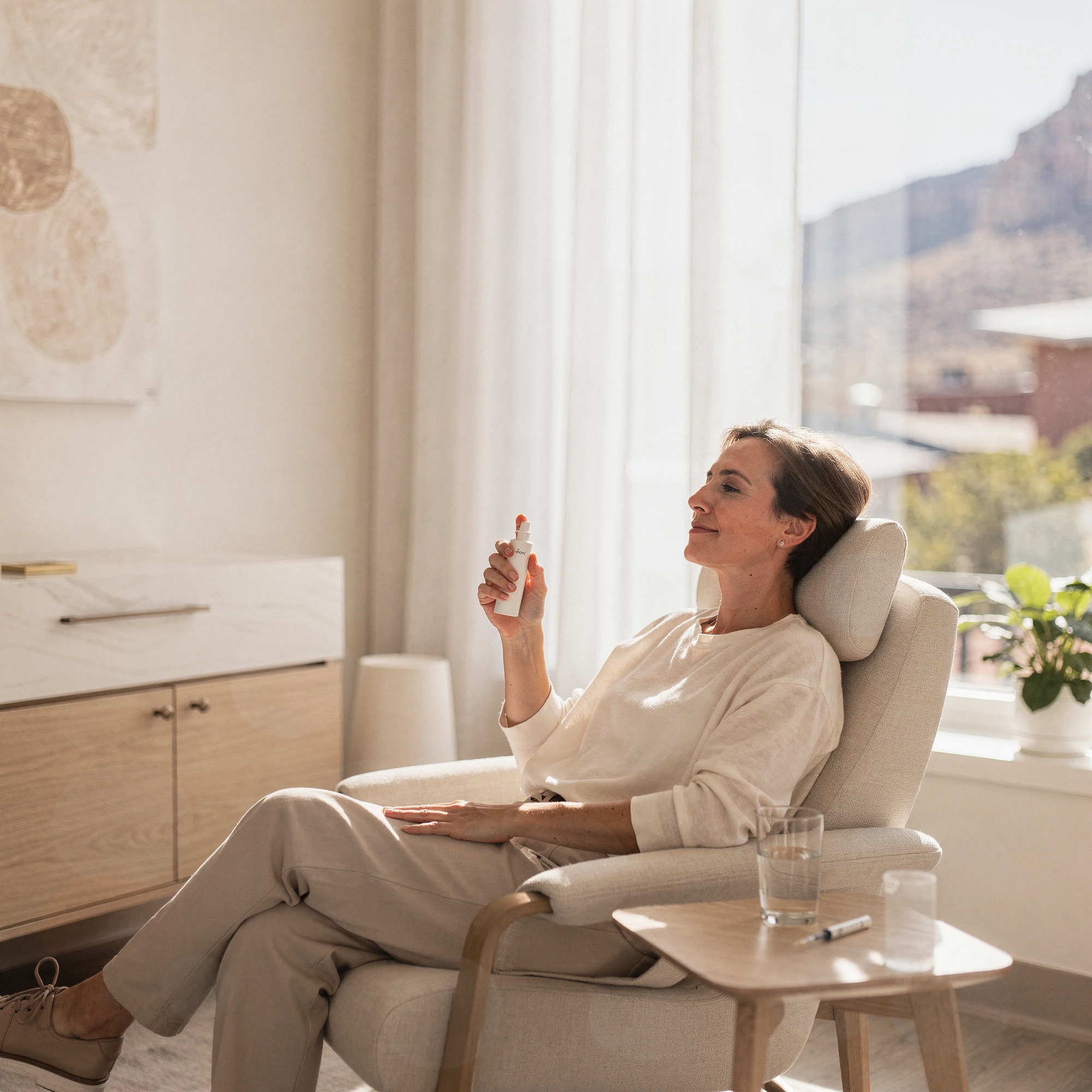 Woman using a nasal spray in a bright clinical room overlooking Grand Junction